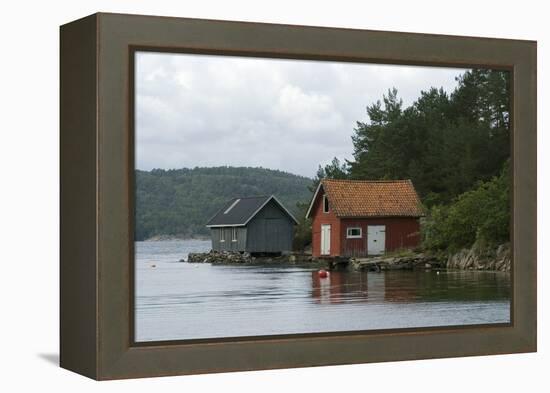 Boathouses in the Sea 'Fjords' at Hovag, Near Kristiansand, Norway-Natalie Tepper-Framed Stretched Canvas