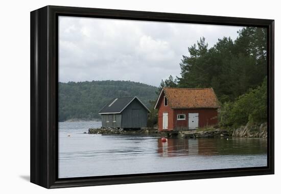 Boathouses in the Sea 'Fjords' at Hovag, Near Kristiansand, Norway-Natalie Tepper-Framed Stretched Canvas