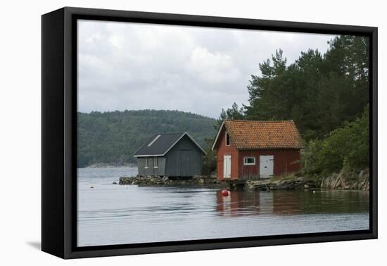 Boathouses in the Sea 'Fjords' at Hovag, Near Kristiansand, Norway-Natalie Tepper-Framed Stretched Canvas