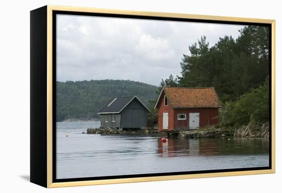 Boathouses in the Sea 'Fjords' at Hovag, Near Kristiansand, Norway-Natalie Tepper-Framed Stretched Canvas