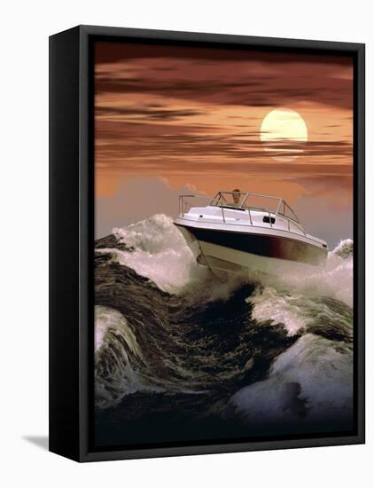 Boating at Sunset through Rough Water-null-Framed Premier Image Canvas