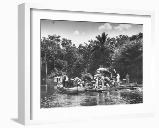 Boating Floating on the River Where the Shooting of the Movie "The African Queen" Is Taking Place-null-Framed Photographic Print