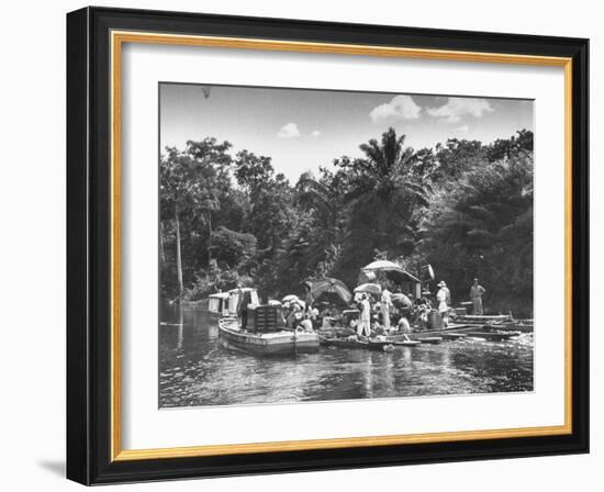 Boating Floating on the River Where the Shooting of the Movie "The African Queen" Is Taking Place-null-Framed Photographic Print