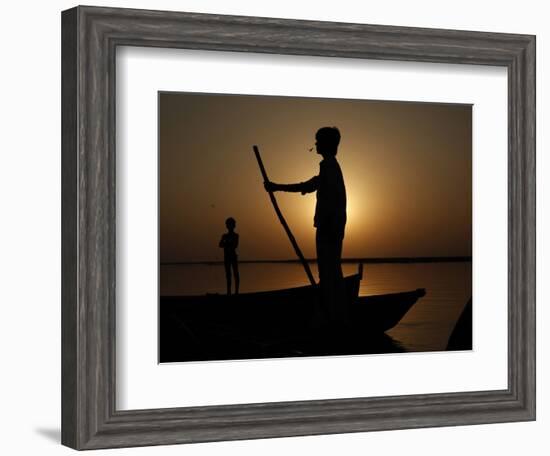 Boatman Prepares to Anchor His Boat, after the Day's Work in River Ganges, in Allahabad, India-null-Framed Photographic Print