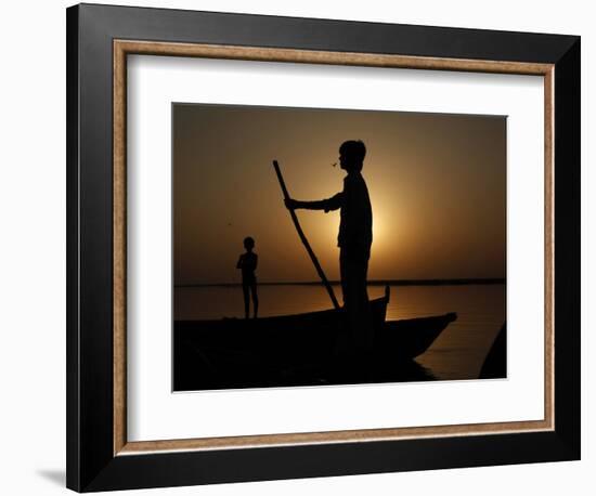 Boatman Prepares to Anchor His Boat, after the Day's Work in River Ganges, in Allahabad, India-null-Framed Photographic Print