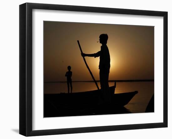 Boatman Prepares to Anchor His Boat, after the Day's Work in River Ganges, in Allahabad, India-null-Framed Photographic Print