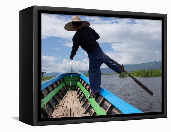Boatman rowing boat with distinctive one-legged stroke on Inle Lake, Shan State, Myanmar-null-Framed Premier Image Canvas