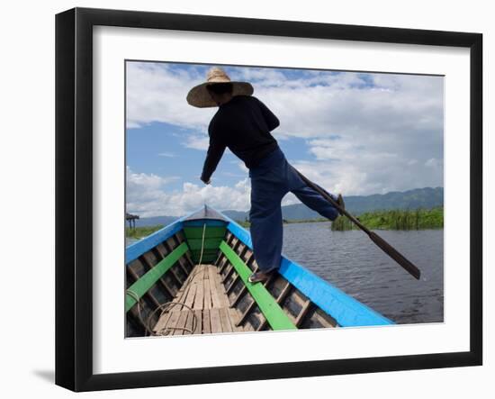 Boatman rowing boat with distinctive one-legged stroke on Inle Lake, Shan State, Myanmar-null-Framed Photographic Print