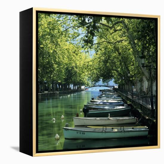 Boats Along Canal, Annecy, Lake Annecy, Rhone Alpes, France, Europe-Stuart Black-Framed Premier Image Canvas