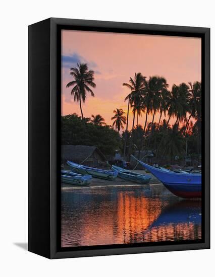 Boats and Palm Trees at Sunset at This Fishing Beach and Popular Tourist Surf Spot, Arugam Bay, Eas-Robert Francis-Framed Premier Image Canvas