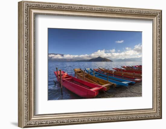 Boats at Luoshui, Lugu Lake, Yunnan, China, Asia-Ian Trower-Framed Photographic Print