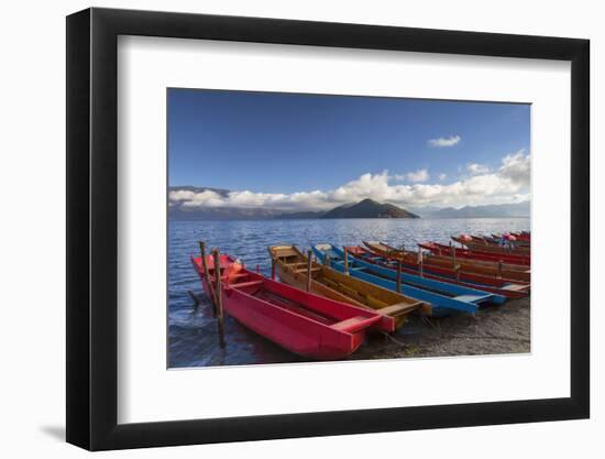 Boats at Luoshui, Lugu Lake, Yunnan, China, Asia-Ian Trower-Framed Photographic Print