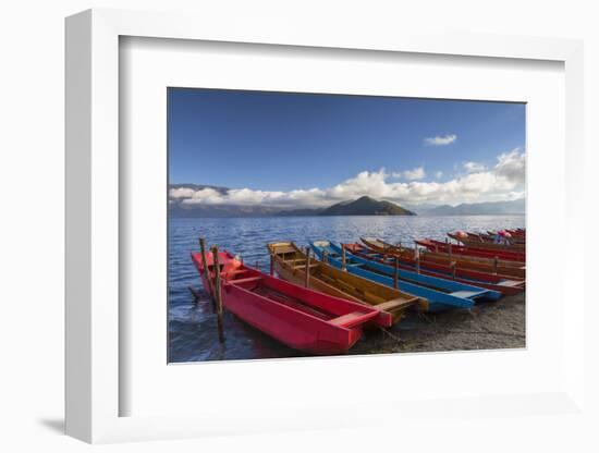 Boats at Luoshui, Lugu Lake, Yunnan, China, Asia-Ian Trower-Framed Photographic Print