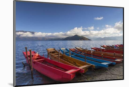 Boats at Luoshui, Lugu Lake, Yunnan, China, Asia-Ian Trower-Mounted Photographic Print