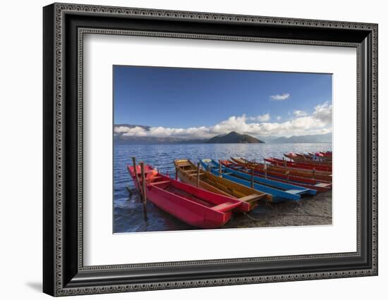 Boats at Luoshui, Lugu Lake, Yunnan, China, Asia-Ian Trower-Framed Photographic Print