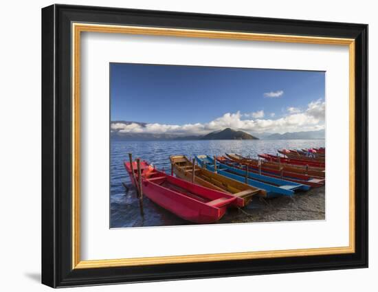 Boats at Luoshui, Lugu Lake, Yunnan, China, Asia-Ian Trower-Framed Photographic Print