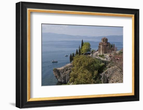 Boats by St. John Kaneo church on Lake Ohrid, UNESCO World Heritage Site, Macedonia, Europe-Julio Etchart-Framed Photographic Print