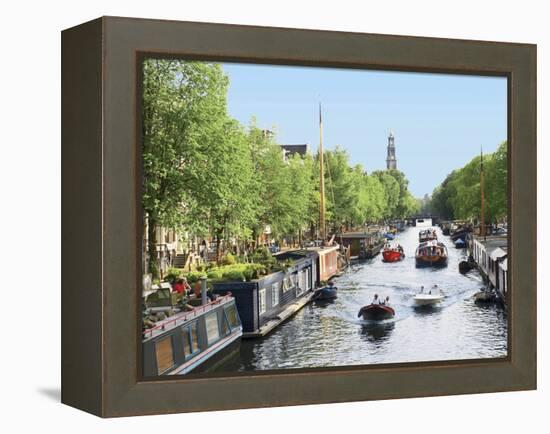 Boats Cruise Along a Canal with the Zuiderkerk Bell-Tower in the Background, Amsterdam, Netherlands-Miva Stock-Framed Premier Image Canvas