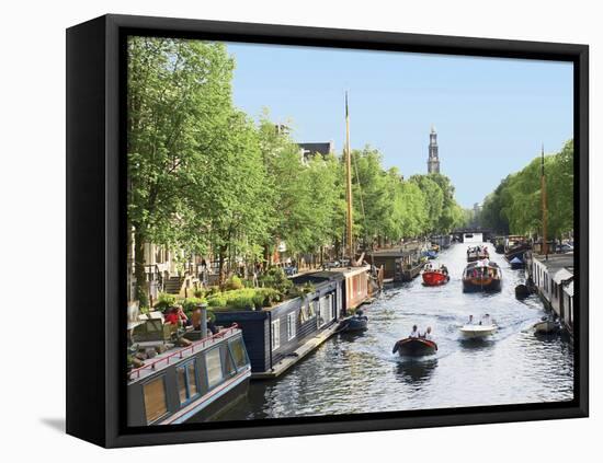 Boats Cruise Along a Canal with the Zuiderkerk Bell-Tower in the Background, Amsterdam, Netherlands-Miva Stock-Framed Premier Image Canvas