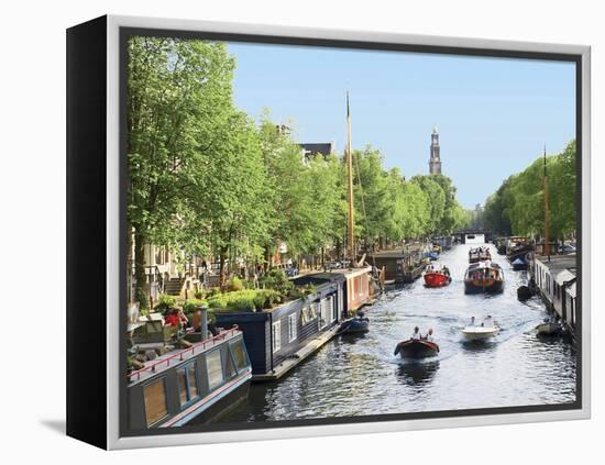 Boats Cruise Along a Canal with the Zuiderkerk Bell-Tower in the Background, Amsterdam, Netherlands-Miva Stock-Framed Premier Image Canvas