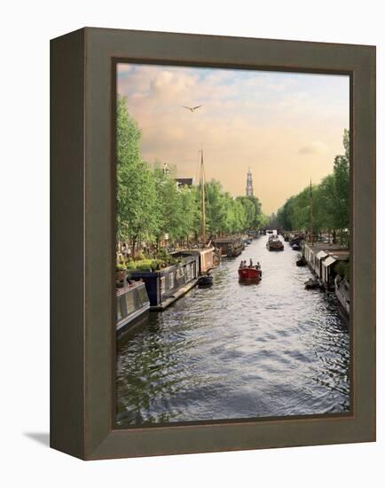 Boats Cruise Along a Canal with the Zuiderkerk Bell-Tower in the Background, Amsterdam, Netherlands-Miva Stock-Framed Premier Image Canvas