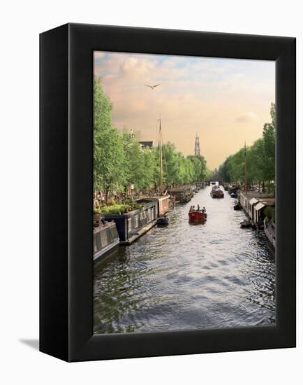 Boats Cruise Along a Canal with the Zuiderkerk Bell-Tower in the Background, Amsterdam, Netherlands-Miva Stock-Framed Premier Image Canvas