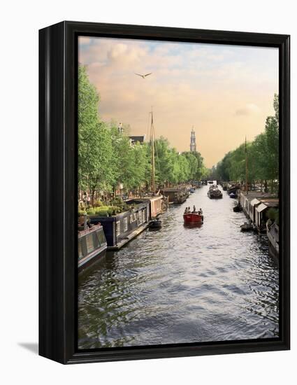 Boats Cruise Along a Canal with the Zuiderkerk Bell-Tower in the Background, Amsterdam, Netherlands-Miva Stock-Framed Premier Image Canvas