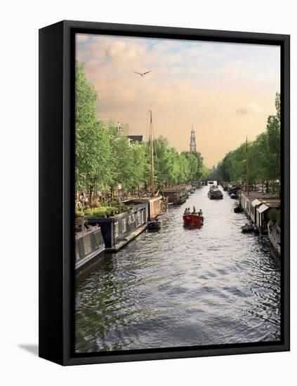 Boats Cruise Along a Canal with the Zuiderkerk Bell-Tower in the Background, Amsterdam, Netherlands-Miva Stock-Framed Premier Image Canvas