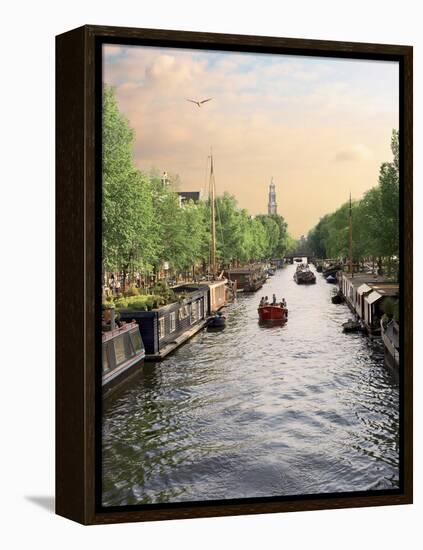 Boats Cruise Along a Canal with the Zuiderkerk Bell-Tower in the Background, Amsterdam, Netherlands-Miva Stock-Framed Premier Image Canvas