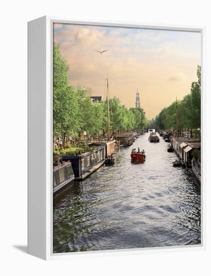 Boats Cruise Along a Canal with the Zuiderkerk Bell-Tower in the Background, Amsterdam, Netherlands-Miva Stock-Framed Premier Image Canvas