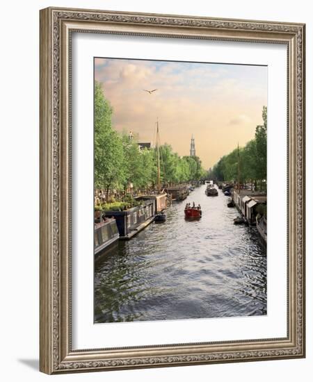 Boats Cruise Along a Canal with the Zuiderkerk Bell-Tower in the Background, Amsterdam, Netherlands-Miva Stock-Framed Photographic Print
