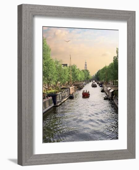 Boats Cruise Along a Canal with the Zuiderkerk Bell-Tower in the Background, Amsterdam, Netherlands-Miva Stock-Framed Photographic Print