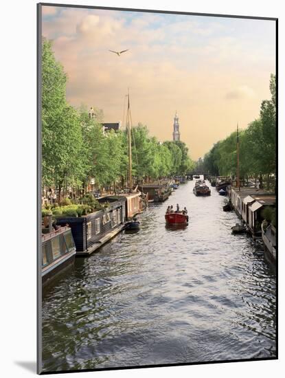 Boats Cruise Along a Canal with the Zuiderkerk Bell-Tower in the Background, Amsterdam, Netherlands-Miva Stock-Mounted Photographic Print