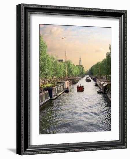 Boats Cruise Along a Canal with the Zuiderkerk Bell-Tower in the Background, Amsterdam, Netherlands-Miva Stock-Framed Photographic Print