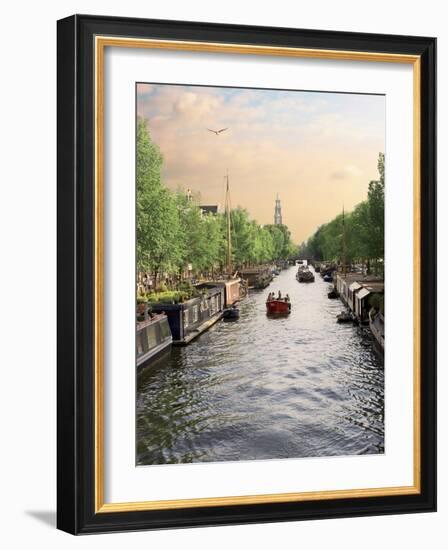 Boats Cruise Along a Canal with the Zuiderkerk Bell-Tower in the Background, Amsterdam, Netherlands-Miva Stock-Framed Photographic Print