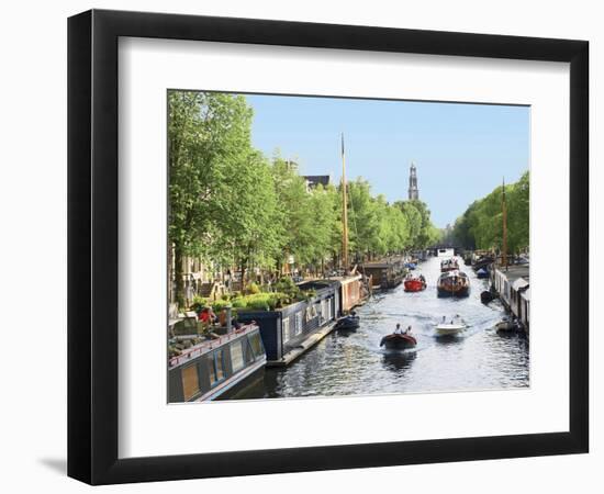 Boats Cruise Along a Canal with the Zuiderkerk Bell-Tower in the Background, Amsterdam, Netherlands-Miva Stock-Framed Photographic Print