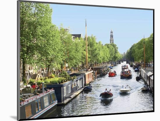 Boats Cruise Along a Canal with the Zuiderkerk Bell-Tower in the Background, Amsterdam, Netherlands-Miva Stock-Mounted Photographic Print