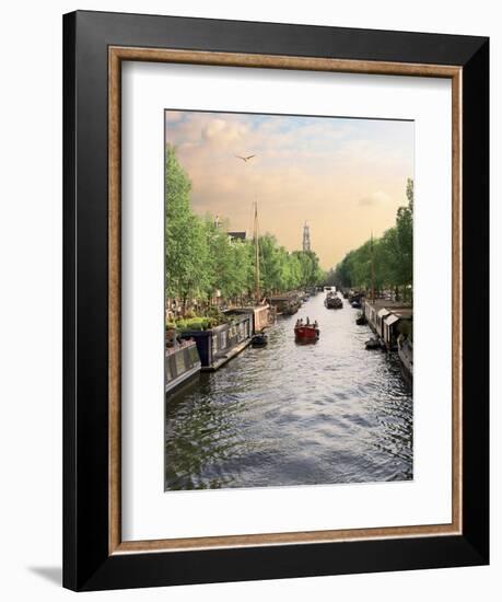 Boats Cruise Along a Canal with the Zuiderkerk Bell-Tower in the Background, Amsterdam, Netherlands-Miva Stock-Framed Premium Photographic Print