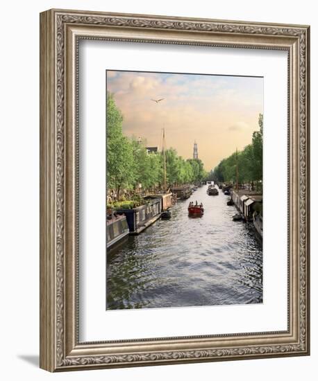 Boats Cruise Along a Canal with the Zuiderkerk Bell-Tower in the Background, Amsterdam, Netherlands-Miva Stock-Framed Photographic Print