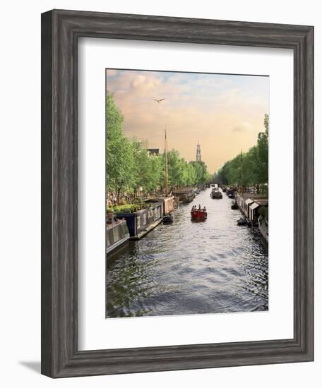 Boats Cruise Along a Canal with the Zuiderkerk Bell-Tower in the Background, Amsterdam, Netherlands-Miva Stock-Framed Photographic Print