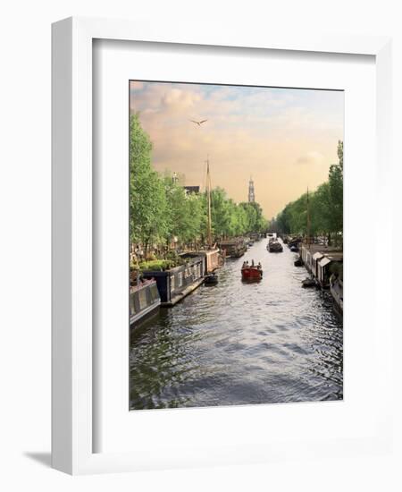 Boats Cruise Along a Canal with the Zuiderkerk Bell-Tower in the Background, Amsterdam, Netherlands-Miva Stock-Framed Photographic Print