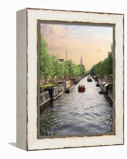 Boats Cruise Along a Canal with the Zuiderkerk Bell-Tower in the Background, Amsterdam, Netherlands-Miva Stock-Framed Premier Image Canvas