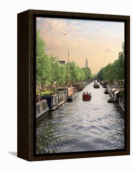 Boats Cruise Along a Canal with the Zuiderkerk Bell-Tower in the Background, Amsterdam, Netherlands-Miva Stock-Framed Premier Image Canvas