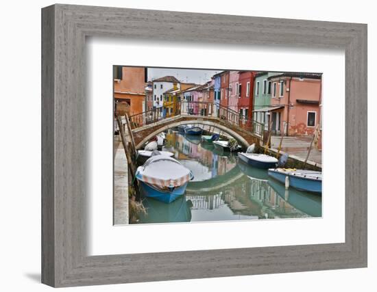 Boats Docked Along Canal with the Colorful Homes of Burano, Italy-Darrell Gulin-Framed Photographic Print