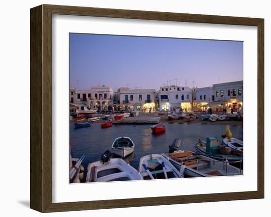 Boats in Harbour at Dusk, with Shops and Restaurants of Mykonos Town in the Background, Greece-Fraser Hall-Framed Photographic Print