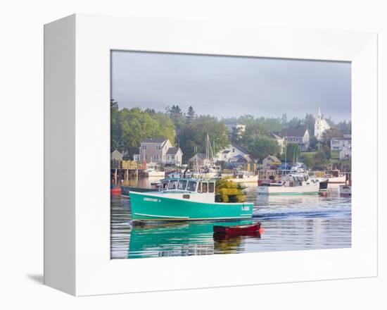 Boats in Morning Fog. Corea, Maine, Usa-Jerry & Marcy Monkman-Framed Premier Image Canvas