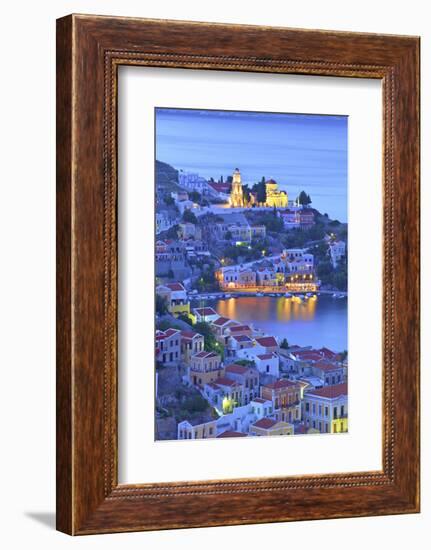 Boats in Symi Harbour from Elevated Angle at Dusk, Symi, Dodecanese, Greek Islands, Greece, Europe-Neil Farrin-Framed Photographic Print