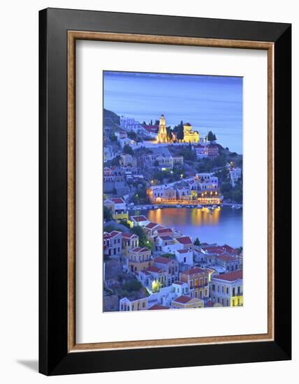 Boats in Symi Harbour from Elevated Angle at Dusk, Symi, Dodecanese, Greek Islands, Greece, Europe-Neil Farrin-Framed Photographic Print