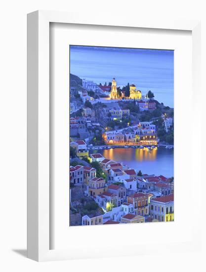 Boats in Symi Harbour from Elevated Angle at Dusk, Symi, Dodecanese, Greek Islands, Greece, Europe-Neil Farrin-Framed Photographic Print