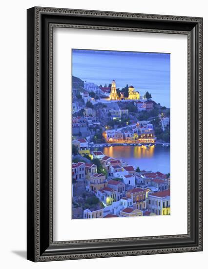 Boats in Symi Harbour from Elevated Angle at Dusk, Symi, Dodecanese, Greek Islands, Greece, Europe-Neil Farrin-Framed Photographic Print